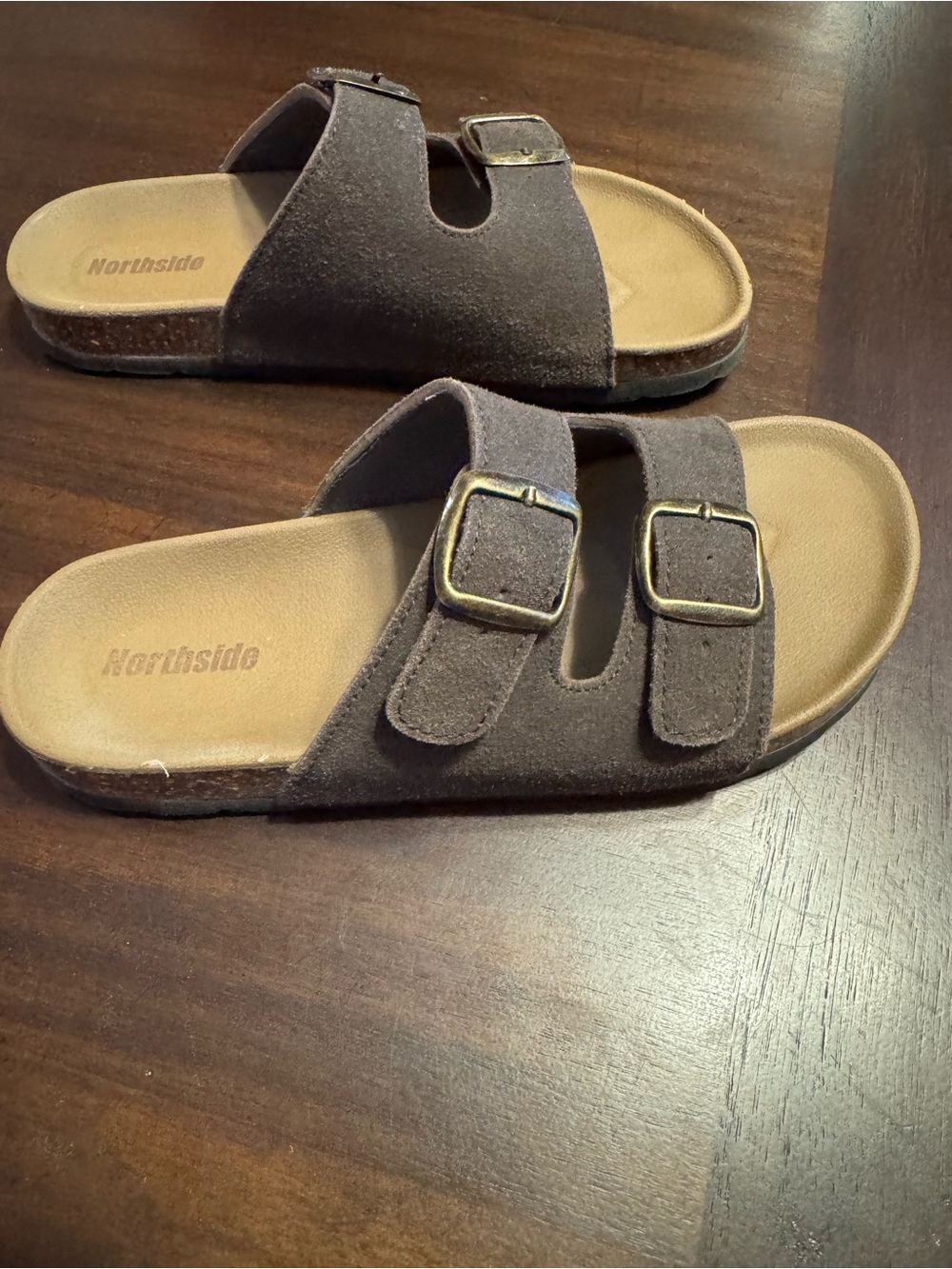 Northside Kids Brown Double-Buckle Slide Sandals with Gold Buckles